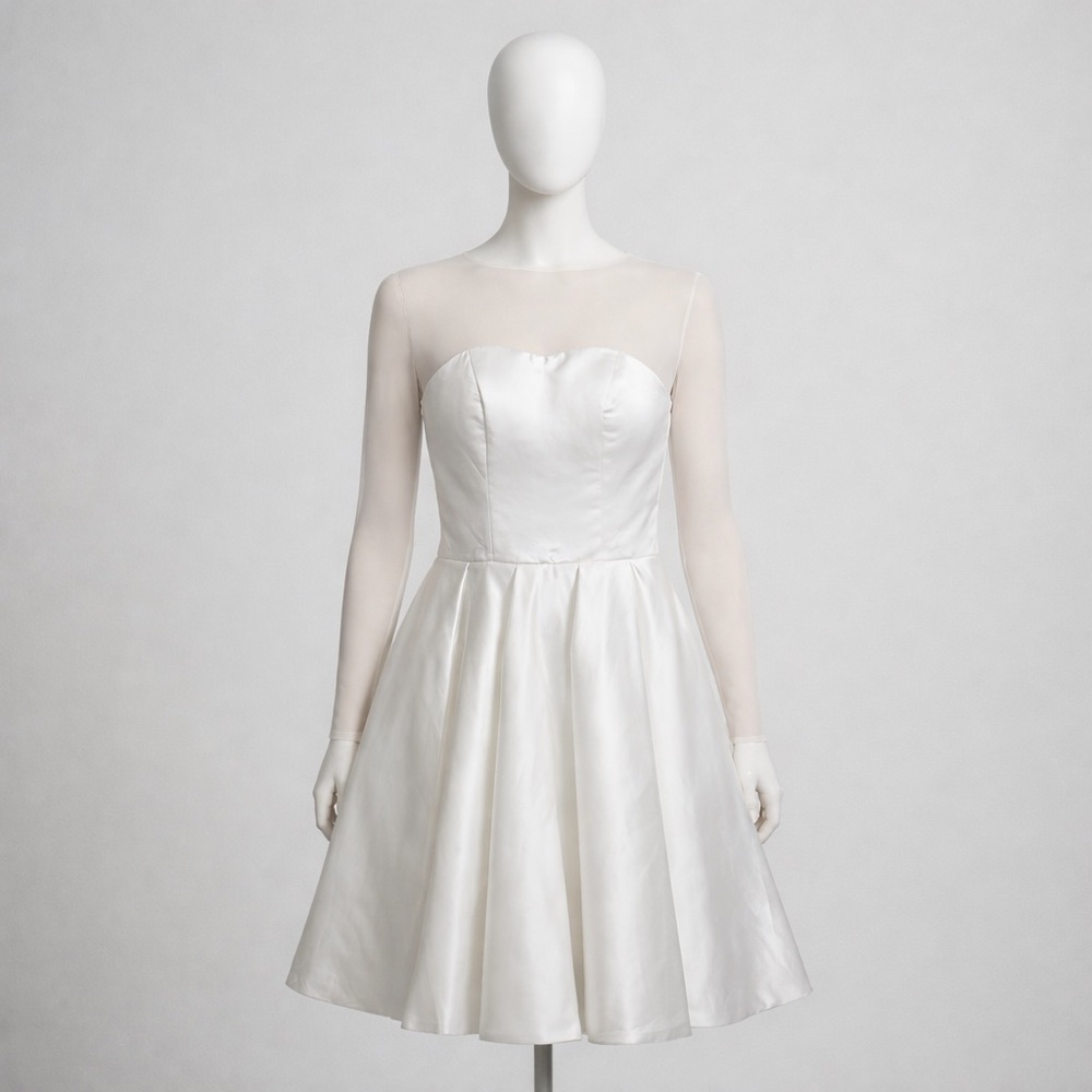 Merry’s White Satin Dress with Sheer Tulle Sleeves — Size 12